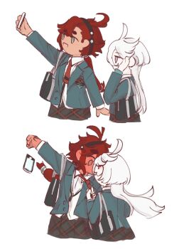 2girls bag black_hairband black_skirt blue_eyes blush cellphone clothes_grab green_jacket grey_eyes gundam gundam_suisei_no_majo gundam_suisei_no_majo:_seishun_frontier hairband highres holding holding_phone jacket kiss long_hair miorine_rembran multiple_girls nandmmy03 necktie necktie_grab neckwear_grab open_mouth phone ponytail red_hair red_necktie school_bag simple_background skirt smartphone smile suletta_mercury thick_eyebrows white_background white_hair yuri