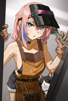 1girl :o absurdres apron black_choker blue_eyes blue_hair blush breasts brown_gloves cat choker commission girls'_frontline gloves highres holding holding_wrench leather leather_gloves looking_at_viewer mask mask_on_head mentha multicolored_hair official_alternate_costume open_mouth pink_hair ponytail sample_watermark screwdriver shorts st_ar-15_(breeze_in_a_summer_afternoon)_(girls'_frontline) st_ar-15_(girls'_frontline) streaked_hair tools watermark welding_mask wrench