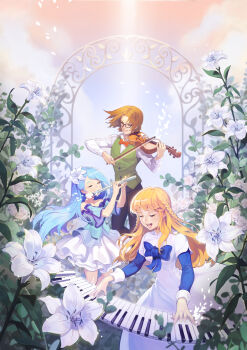 1boy 2girls alternate_costume benya_(tales_weaver) black-framed_eyewear black_pants blonde_hair blue_bow blue_hair blue_jacket blue_shirt blue_sleeves bow bow_(music) bowtie braid buttoned_cuffs buttons commentary_request dated_commentary dress dress_bow dress_shirt eyelashes flower flower_request flute garden green_vest grin hair_flower hair_intakes hair_ornament high_collar highres holding holding_bow_(music) holding_flute holding_instrument holding_violin instrument jacket korean_commentary layered_dress layered_sleeves long_dress long_hair long_sleeves maximin_liebkne medium_dress multiple_girls music nexon off-shoulder_shirt off_shoulder official_alternate_costume one_eye_closed open_mouth pants piano_keys playing_instrument popped_collar purple_bow rectangular_eyewear red_bow red_bowtie rose sang_ah_yoon shirt short_hair short_over_long_sleeves short_sleeves sleeve_bow sleeve_cuffs smile solo standing straight_hair strapless strapless_dress strapless_shirt tales_weaver teeth tichiel_juspian tongue twin_braids vest violin waistcoat white_flower white_petals white_rose white_sleeves wide_sleeves