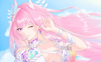 1girl armlet bare_shoulders blue_sky breasts closed_mouth cloud commentary cyrene_(demiurge)_(honkai:_star_rail) cyrene_(honkai:_star_rail) day diamond-shaped_pupils diamond_(shape) earrings fingernails flower hair_flower hair_ornament hand_up highres honkai:_star_rail honkai_(series) jewelry long_hair looking_at_viewer medium_breasts multicolored_hair nail_polish one_eye_closed outdoors pink_hair pink_nails pointy_ears portrait purple_eyes sky smile solo streaked_hair symbol-shaped_pupils tofu_mochi3456