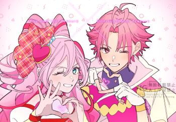 1boy 1girl aoi_tete blue_eyes cure_idol cure_top dancing_star_precure detached_sleeves english_text fingerless_gloves four-finger_heart_hands gloves hair_ornament heart heart_hair_ornament heart_hands highres hoshikawa_gaku jewelry kimi_to_idol_precure long_hair one_eye_closed pink_hair precure sakura_uta_(precure) short_hair smile upper_body white_gloves wrist_cuffs