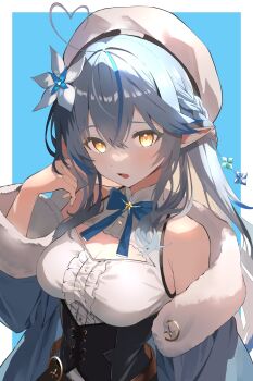 Rule 34 | 1girl, ahoge, beret, black corset, blue background, blue coat, blue hair, border, braid, breasts, cleavage cutout, clothing cutout, coat, corset, elf, flower, fur-trimmed coat, fur trim, grim jisoo, hair flower, hair ornament, hat, heart, heart ahoge, highres, hololive, large breasts, long hair, looking at viewer, multicolored hair, open mouth, pointy ears, shirt, side braid, simple background, sleeveless, sleeveless shirt, solo, streaked hair, virtual youtuber, white border, white hat, white shirt, yellow eyes, yukihana lamy, yukihana lamy (1st costume)
