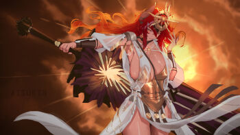 1girl aisurin1st ancient_greek_clothes arm_armor armor augusta_(wuthering_waves) augusta_(wuthering_waves)_(cosplay) black_collar breastplate breasts cleavage closed_mouth collar commentary cosplay dragon_girl dragon_horns english_commentary greatsword greco-roman_clothes highres horns huge_breasts laurel_crown long_hair orange_hair solo sun sun_necklace sword virtual_youtuber vshojo weapon wuthering_waves zentreya zentreya_(dragon)