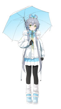 1girl :o absurdres alternate_costume black_gloves black_pantyhose blue_skirt boots coat feixianji_(hairstyle) full_body fur_trim gloves green_eyes grey_hair hair_rings highres holding holding_umbrella jacket jichuan_lengli leg_warmers long_hair long_sleeves looking_at_viewer luo_tianyi pantyhose parted_lips pleated_skirt scarf simple_background skirt solo standing tachi-e umbrella very_long_hair vocaloid vsinger_(vocaloid) white_background white_coat winter_clothes