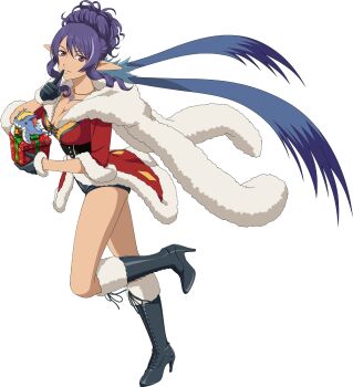 Rule 34 | 1girl, artist request, baul (tales), black boots, black gloves, blue hair, boots, breasts, cape, christmas, cleavage, finger to mouth, full body, game cg, gift, gloves, highres, holding, holding gift, jewelry, judith (tales), large breasts, long hair, looking at viewer, multicolored hair, necklace, official alternate costume, official art, pointy ears, purple eyes, purple hair, santa costume, smile, solo, stuffed animal, stuffed toy, tales of (series), tales of asteria, tales of vesperia, third-party source, transparent background, very long hair, white cape