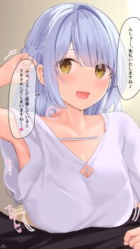 Rule 34 | 1girl, adjusting hair, armpits, blue hair, blue hair-chan (ramchi), blue shirt, blush, braid, breast rest, breasts, cleavage, cleavage cutout, clothing cutout, collarbone, commentary request, hand up, heart, highres, large breasts, long hair, looking at viewer, motion lines, open mouth, original, ramchi, shirt, short sleeves, sidelocks, speech bubble, spoken heart, straight hair, swept bangs, translation request, yellow eyes