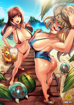 1990s_(style) 2girls alcohol ass bare_shoulders barefoot beach beer bikini blonde_hair blue_eyes blue_one-piece_swimsuit breasts breasts_apart brown_eyes brown_hair bursting_breasts casual_one-piece_swimsuit chocobo cleavage commission covered_erect_nipples crossover day feet final_fantasy final_fantasy_vii food fruit hat hip_focus jewelry large_breasts legs leotard lips long_hair looking_over_eyewear looking_over_glasses md5_mismatch metroid metroid_(creature) micro_bikini mountain multiple_girls navel necklace nintendo ocean one-piece_swimsuit outdoors palm_tree red-tinted_eyewear red-tinted_glasses red_bikini reiq resized resolution_mismatch retro_artstyle revealing_clothes sagging_breasts samus_aran sand sandals sideboob standing straw_hat summer sunglasses swimsuit thong_leotard tifa_lockhart tinted_eyewear tree upscaled water watermelon