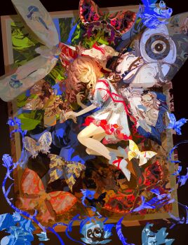 1girl absurdres bug butterfly commentary dress english_commentary flower full_body highres insect kevin_adi lying on_side original picture_frame red_ribbon ribbon sleeping socks solo white_socks