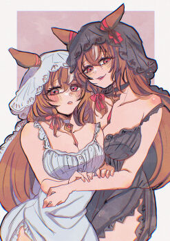 2girls absurdres animal_ears babydoll black_babydoll black_choker black_veil blush bow breasts brown_hair choker cleavage clone commentary_request ear_ribbon ears_through_headwear frilled_babydoll hair_between_eyes hair_bow hair_over_shoulder highres hug large_breasts long_hair looking_at_viewer multicolored_hair multiple_girls parted_lips red_bow red_eyes rinren_(chun8chun8chun) shoulder_blush starpiece_memories_(idolmaster) still_in_love_(umamusume) strap_slip umamusume veil very_long_hair white_babydoll white_choker white_hair white_veil yuri