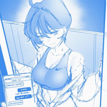 1girl ahoge blue_theme breasts cellphone chat_log cleavage closed_mouth commentary doorway english_commentary english_text hair_between_eyes highres jacket jacket_partially_removed large_breasts looking_at_viewer midriff mole mole_under_eye monochrome navel nike_(company) original phone pov pov_doorway short_hair sketch smartphone smile solo_focus sports_bra studionice2011 sweat upper_body viewer_holding_phone