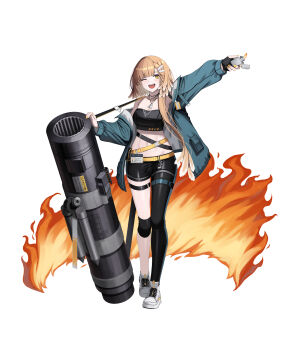1girl absurdres arknights asymmetrical_clothes bandeau bird_girl black_bandeau black_gloves black_tube_top blush breasts brown_hair commentary dog_tags fingerless_gloves fire firewhistle_(arknights) gloves hair_ornament hairclip highres holding holding_lighter id_card jacket kimsuwan2013 lighter long_sleeves looking_at_viewer midriff mortar_(weapon) navel one_eye_closed open_mouth short_hair_with_long_locks simple_background single_fingerless_glove single_glove single_pantsleg smile solo strapless tube_top white_background yellow_eyes yellow_nails
