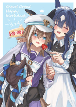 3girls :3 ^v^ absurdres animal_ear_piercing animal_ears apron birthday birthday_cake birthday_date blue_background blue_eyes blue_hair blunt_ends blush blush_stickers bow brown_hair cake cake_slice check_commentary cheval_grand_(umamusume) commentary_request crown_(symbol) ear_covers ear_ornament ear_ribbon earrings english_text feeding food fork frills fruit gold_earrings hair_ribbon happy_birthday hat highres holding holding_fork holding_plate horse_ears horse_girl horse_tail horseshoe_ornament hug incoming_food jewelry kneeling long_hair maid maid_apron maid_headdress multicolored_hair multiple_girls one_ear_down open_mouth plate purple_sailor_collar purple_skirt ribbon sailor_collar sailor_hat school_uniform short_hair siblings simple_background single_ear_cover sisters skirt songdu strawberry strawberry_cake strawberry_shortcake streaked_hair stud_earrings tail teardrop_earrings tracen_school_uniform twintails twitter_username umamusume verxina_(umamusume) very_long_hair victorian_maid vivlos_(umamusume) white_bow white_hair white_streaks white_wrist_cuffs wrist_cuffs
