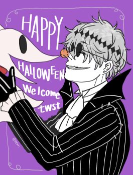 2boys berri71 black_crown crown diamond_hairband formal_clothes gloves highres jacket long_sleeves male_focus missing_tooth multiple_boys pinstripe_pattern pinstripe_suit pinstripe_vest round_eyewear short_hair skeleton_print skully_j._graves solo striped_clothes striped_vest suit sunglasses the_nightmare_before_christmas twisted_wonderland vertical-striped_clothes vertical-striped_vest vest white_hair zero_(nbc)