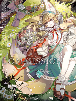 Rule 34 | 1girl, absurdres, animal ear fluff, animal ears, arknights, bag, blonde hair, blue skirt, bouquet, bow, brown shoes, cardigan, cardigan partially removed, chaichai (shiba dog), chinese commentary, commentary request, commission, cross-laced clothes, cross-laced skirt, cross-laced slit, flower, fox, fox ears, fox girl, fox tail, frilled hairband, frilled headwear, frilled skirt, frilled socks, frills, grass, hair between eyes, hair spread out, hairband, hand up, highres, kitsune, knees up, large ears, leaf, long hair, long skirt, long sleeves, looking at viewer, lying, multicolored hair, multiple tails, neck ribbon, on back, on grass, open mouth, pink bow, puffy long sleeves, puffy sleeves, red bag, red ribbon, ribbon, rose, scenery, shirt, shoes, shoulder bag, skirt, socks, solo, suzuran (arknights), suzuran (spring praise) (arknights), tail, watermark, white hair, white shirt, white socks, yellow cardigan, yellow eyes