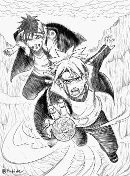 2boys asymmetrical_hair boruto:_naruto_next_generations clenched_teeth coat commentary_request energy_ball facial_mark forehead_protector greyscale headband highres jacket jewelry karma_(naruto) kawaki_(boruto) konohagakure_symbol male_focus matsu_(fu6ide2) mohawk monochrome multicolored_hair multiple_boys naruto_(series) necklace open-toe_shoes open_mouth rasengan serious sidecut sleeveless sleeveless_coat teeth twitter_username two-tone_hair undercut uzumaki_boruto