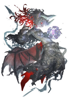 1girl absurdres belt breasts demon_wings fingernails full_body grey_hair highres horns jonpei long_hair multicolored_hair multiple_belts navel original pants pointy_ears profile red_eyes red_hair sharp_fingernails simple_background sketch small_breasts solo tail tattoo topless_female two-tone_hair white_background wings