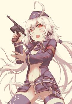 1girl ahoge arigatoner armband asymmetrical_legwear belt bikini bikini_top_only black_bikini black_jacket black_necktie black_thighhighs bottomless c96_(girls&#039;_frontline) commentary_request cowboy_shot fang girls&#039;_frontline gun handgun hat headphones highres holding holding_gun holding_weapon jacket knife knife_sheath long_hair looking_at_viewer mauser_c96 mismatched_legwear navel necktie open_clothes open_jacket open_mouth red_armband red_eyes sheath simple_background skin_fang solo striped_clothes striped_thighhighs swimsuit symbol-shaped_pupils thighhighs trigger_discipline twintails very_long_hair weapon white_hair