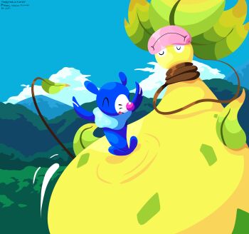 Rule 34 | absurdres, blue sky, closed eyes, closed mouth, cloud, colored skin, gen 1 pokemon, gen 7 pokemon, highres, leaf, mega pokemon, mega victreebel, nintendo, no humans, open mouth, outdoors, pink lips, plant, plant monster, pokemon, pokemon (creature), pokemon focus, popplio, sea lion, sky, sleepy sealion, smile, victreebel, vines, yellow skin