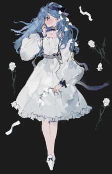 1girl black_background blue_hair dress flower frilled_dress frills full_body hand_up highres long_hair long_sleeves looking_to_the_side original solo standing sugarlisu white_dress white_flower
