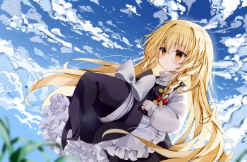 1girl absurdres apron black_hat black_skirt black_vest blonde_hair blue_sky blurry bow braid cloud commentary dated_commentary day depth_of_field hair_bow hat hat_bow highres holding holding_unworn_clothes holding_unworn_hat kirisame_marisa long_hair long_sleeves missing_headwear nya_(pixiv_100585577) red_bow shirt side_braid single_braid skirt sky solo touhou unworn_hat unworn_headwear very_long_hair vest waist_apron white_apron white_bow white_shirt witch_hat yellow_eyes