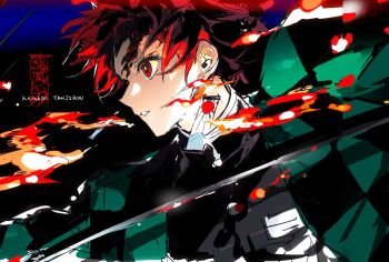 1boy checkered_haori demon_slayer_uniform earrings fighting_stance hanafuda hanafuda_earrings hanaseto haori highres holding holding_sword holding_weapon japanese_clothes jewelry kamado_tanjirou katana kimetsu_no_yaiba male_focus print_haori scar scar_on_face scar_on_forehead solo sword weapon