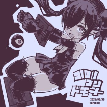 1girl armpit_crease backbeako_(torotei) backbeard bare_shoulders black_background blue_theme blush bound bound_ankles bound_wrists breasts clenched_hands commentary_request dated dated_commentary dress elbow_gloves gegege_no_kitarou gloves hair_over_one_eye hair_ribbon kono_lolicon_domome long_hair looking_at_viewer monochrome neckerchief open_mouth original paid_reward_available panties pantyshot pear-shaped_figure pointy_ears ribbon ringed_eyes simple_background sleeveless sleeveless_dress small_breasts solo stocks sweatdrop thighhighs torotei translated twintails underwear watermark web_address white_background wide_hips