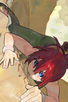 1girl absurdres ahoge bare_shoulders belt blue_eyes bracelet climbing green_pants hair_between_eyes hair_bun highres hipa_(some1else45) jewelry looking_at_viewer mountain_climbing open_mouth orange_shirt original pants red_hair shirt solo some1else45 sweatdrop