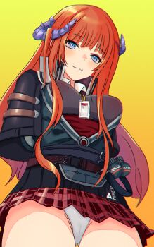 absurdres arknights bagpipe_(arknights) binware blue_eyes blunt_bangs blush breasts cameltoe commentary_request from_below gradient_background highres horns id_card large_breasts long_hair looking_at_viewer miniskirt orange_hair panties simple_background skirt underwear white_panties yellow_background