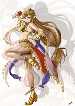 1girl bikini blue_eyes breasts brown_hair brown_sandals coin_(ornament) commentary_request dancer dancer_(ragnarok_online) fingernails flower full_body gold hal_masquerade harem_pants holding holding_flower long_hair looking_at_viewer medium_breasts pants pointy_ears ragfes ragnarok_online red_flower red_nails red_skirt sandals see-through_clothes see-through_pants sequins shadow shawl showgirl_skirt skirt smile solo standing standing_on_one_leg swimsuit very_long_hair yellow_bikini