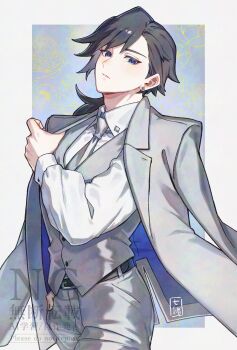 Rule 34 | 1boy, absurdres, alternate costume, alternate hairstyle, belt, black belt, black hair, blue eyes, border, bright pupils, closed mouth, collared shirt, commentary request, cowboy shot, earrings, floral background, formal clothes, grey jacket, grey necktie, grey pants, grey suit, grey vest, highres, jacket, jacket on shoulders, jewelry, kimetsu no yaiba, lapels, long hair, long sleeves, looking at viewer, low ponytail, male focus, necktie, notched lapels, pants, ponytail, shirt, solo, suit, tomioka giyuu, vest, water777s3, watermark, white border, white shirt