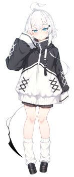 1girl ahoge black_shoes black_shorts blue_eyes closed_mouth commentary_request full_body hair_ornament hairclip highres jacket long_sleeves loose_socks multicolored_jacket original otokuyou paid_reward_available parallel_hairclips ringo-chan_(otokuyou) shoes shorts simple_background sleeves_past_wrists socks solo standing two-tone_jacket white_background white_hair white_socks