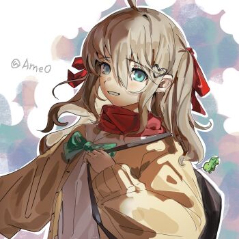 Rule 34 | 1girl, ahoge, ame0, artist name, blue eyes, bow, bowtie, brown hair, cardigan, commentary, english commentary, from side, green bow, green bowtie, grin, hair between eyes, hair ornament, hair ribbon, heart, heart hair ornament, highres, lamia, long hair, looking at viewer, monster girl, neuro-sama, red ribbon, red scarf, ribbon, sailor collar, scarf, shirt, smile, solo, two side up, upper body, vedal ai, virtual youtuber, white shirt, yellow cardigan