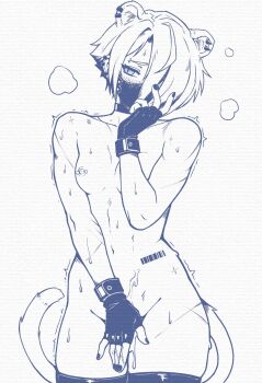 1girl animal_ears arknights barcode barcode_tattoo blue_eyes blush caffichai collarbone commentary commission english_commentary fingerless_gloves gloves hair_over_one_eye head_tilt highres looking_to_the_side mask medium_hair mouth_mask nipple_piercing piercing puff_of_air shirayuki_(arknights) simple_background slit_pupils solo spot_color sweat tail tattoo thick_thighs thighhighs thighs white_background