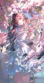 1girl absurdres alternate_costume bare_shoulders black_hair breasts buri_(retty9349) cherry_blossoms chisa_(wuthering_waves) collarbone commentary dress fingernails hair_ribbon hand_up hashtag-only_commentary head_tilt highres long_hair looking_at_viewer medium_breasts mole mole_under_eye parted_lips red_eyes red_ribbon ribbon smile solo very_long_hair white_dress wind wuthering_waves