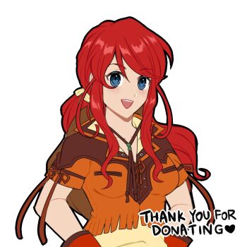 Rule 34 | blue eyes, blush, cowboy western, gemini sunrise, gloves, hair tie, highres, jacket, looking at viewer, maji (majibomber), open mouth, orange jacket, ponytail, red gloves, red hair, sakura taisen, sakura taisen v, shirt, sidelocks, yellow shirt