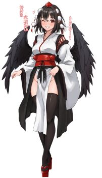 1girl amagi_(amagi626) black_hair black_thighhighs black_wings blush feathered_wings full_body geta hat highres kourindou_tengu_costume looking_at_viewer one_eye_closed pointy_ears red_eyes red_hat shameimaru_aya short_hair simple_background sitting smile solo teeth thighhighs thighs tokin_hat touhou white_background wide_sleeves wings