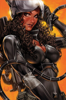 1girl absolute_batman absolute_dc bandaged_arm bandages black_bodysuit black_gloves bodysuit breasts brown_eyes brown_hair catwoman cleavage curly_hair dark-skinned_female dark_skin dc_comics gloves gun helmet highres lips long_hair looking_at_viewer mark_brooks medium_breasts orange_background parted_lips popped_collar selina_kyle smile solo upper_body weapon whip