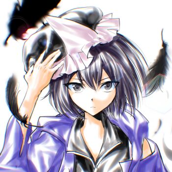 1other androgynous black_hat black_shirt chinese_commentary closed_mouth collared_shirt commentary commentary_request detached_hood dot_nose english_commentary expressionless eyes_visible_through_hair feathers frilled_headwear hair_between_eyes hand_on_headwear hat highres hood hood_down hooded_jacket jacket len&#039;en light_frown long_sleeves looking_at_viewer mixed-language_commentary mob_cap open_clothes open_jacket other_focus purple_eyes purple_hair purple_jacket removing_hat shirt shitodo_kuroji short_hair simple_background single_bare_shoulder sleeveless sleeveless_shirt solo straight-on triangular_headpiece tsurime upper_body white_background wide_sleeves yancao_(pixiv_103434280) zipper_pull_tab