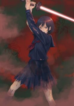 Rule 34 | 1girl, black hair, black serafuku, energy sword, herfstijl, highres, holding, holding sword, holding weapon, looking at viewer, neckerchief, pleated skirt, red neckerchief, school uniform, serafuku, shimizu hinako, silent hill (series), silent hill f, skirt, sword, torn clothes, torn skirt, weapon