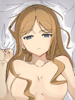 1girl bang_dream! bang_dream!_it's_mygo!!!!! blue_eyes breasts brown_hair closed_mouth commentary_request highres large_breasts long_hair lying nagasaki_soyo nude on_back sidelocks solo tsuyudashimirin upper_body