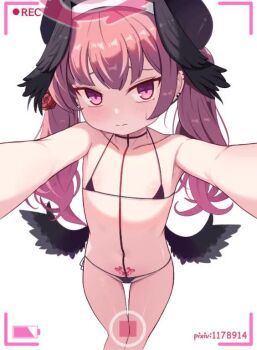 1girl animated beret bikini black_wings blue_archive blush feathered_wings flower hair_flower hair_ornament halo hat head_wings koharu_(blue_archive) loli long_hair long_sleeves looking_at_viewer low_twintails low_wings micro_bikini navel pink_hair red_eyes red_flower red_rose rose solo sseopik swimsuit tagme twintails video wings