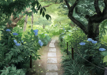 absurdres blue_flower bush day flower highres hydrangea no_humans okurasato original outdoors path road scenery watermark