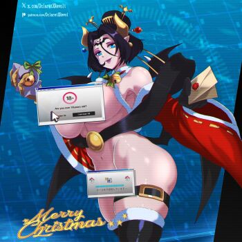 1girl bare_shoulders bat_tattoo black_hair blue_eyes breasts cleavage commentary dclaret demon demon_girl demon_horns demon_wings digimon digimon_(creature) english_commentary eyeshadow facial_mark fallen_angel forehead_mark forehead_tattoo hair_ornament highres horns kuramon large_breasts lilithmon looking_at_viewer makeup multiple_wings nude paid_reward_available piercing pointy_ears purple_eyeshadow purple_lips short_hair smile solo tattoo wing_piercing wings