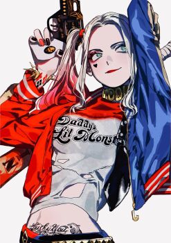 1girl arms_up black_nails blue_eyes closed_mouth commentary dc_comics gun harley_quinn harley_quinn_(suicide_squad) highres holding holding_gun holding_weapon jacket kena131 multicolored_jacket red_nails sidelocks simple_background smile solo stomach_tattoo suicide_squad symbol-only_commentary tattoo twintails two-tone_jacket upper_body weapon