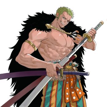 1boy abs black_cape cape commentary cowboy_shot earrings english_commentary fur_cape green_hair grin highres holding holding_sword holding_weapon jewelry katana male_focus mcbuckwheat muscular muscular_male one_eye_closed one_piece parted_lips roronoa_zoro scar scar_across_eye scar_on_chest scar_on_face short_hair smile solo sword topless_male weapon white_background