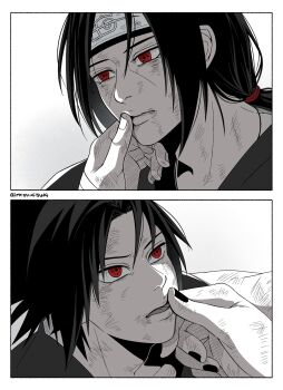 Rule 34 | 2boys, adam's apple, border, brothers, closed mouth, commentary request, dirty, dirty face, finger to another's mouth, forehead protector, hair tie, highres, konohagakure symbol, korean commentary, lips, long hair, low ponytail, male focus, metalofyang, multiple boys, nail polish, naruto (series), naruto shippuuden, open mouth, ponytail, red eyes, sharingan, short hair, siblings, twitter username, uchiha itachi, uchiha sasuke, white border