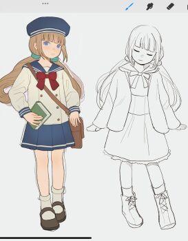 Rule 34 | 1girl, blue eyes, blush, boots, bow, closed eyes, closed mouth, hat, highres, long hair, long sleeves, low twintails, original, sailor collar, school uniform, skirt, socks, standing, twintails, very long hair, wonemie
