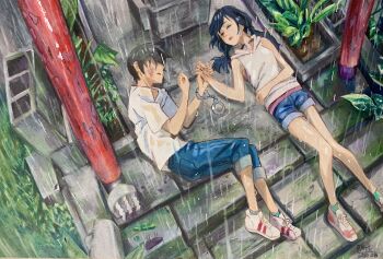 1boy 1girl absurdres amano_hina_(tenki_no_ko) artist_name bare_legs black_choker blue_hair blue_shorts brown_hair choker closed_eyes colored_pencil_(medium) commentary commentary_request dated denim english_commentary highres holding_hands hood hood_down hoodie korean_commentary long_hair low_twintails lying making-of_available mixed-language_commentary morishima_hodaka_(tenki_no_ko) on_back open_mouth p.art rain scrape shirt short_hair shorts sleeveless sleeveless_hoodie smile tenki_no_ko torii traditional_media twintails white_hoodie white_shirt