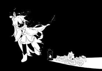 ahoge ankle_boots ann_pudding belt black_background boots capelet cloak crossed_bangs crying crying_with_eyes_open dissolving feather_hair_ornament feathers hair_ornament hairclip highres hololive hololive_english hood hooded_cloak hooman_(nanashi_mumei) lantern long_hair monochrome mumei_(song)_(hololive) nanashi_mumei nanashi_mumei_(1st_costume) pleated_skirt ponytail sad_smile skirt smile tears very_long_hair virtual_youtuber walking walking_away waving