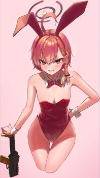 Rule 34 | 1girl, absurdres, ahoge, animal ear hairband, animal ears, bare arms, bare shoulders, blue archive, blush, bow, bowtie, braid, breasts, commentary request, cropped legs, detached collar, fake animal ears, gluteal fold, grin, gun, hairband, halo, hand on own hip, highleg, highleg leotard, highres, huge ahoge, leaning forward, leaning on weapon, leotard, looking at viewer, mole, mole under eye, nayuyu1105, neru (blue archive), neru (bunny) (blue archive), no jacket, official alternate costume, orange hair, playboy bunny, purple background, rabbit ear hairband, rabbit ears, red bow, red bowtie, red eyes, red hairband, red halo, red leotard, short hair, side braid, sig mpx, simple background, single braid, small breasts, smile, solo, strapless, strapless leotard, submachine gun, tsurime, v-shaped eyebrows, weapon, wrist cuffs